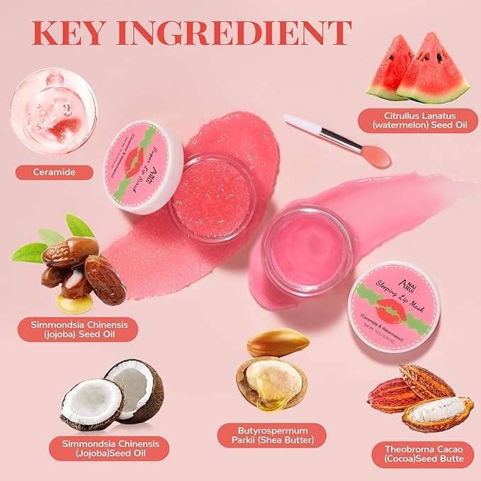Lip Mask Set, Lip Scrub & Lip Butter, Overnight Lip Treatment Set Enriched With Skin Softening Ceramide & Watermelon and Hydrating Shea Butter, For A Softer & Smoother Pout-Velvo Beauty