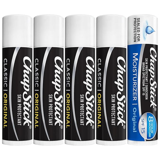 ChapStick Original Lip Balm 4-Pack + 1 Chapstick Moisturizer 2-in-1 Lipcare with SPF 15, 0.15 Oz Ea (5 Piece Set)-Velvo Beauty