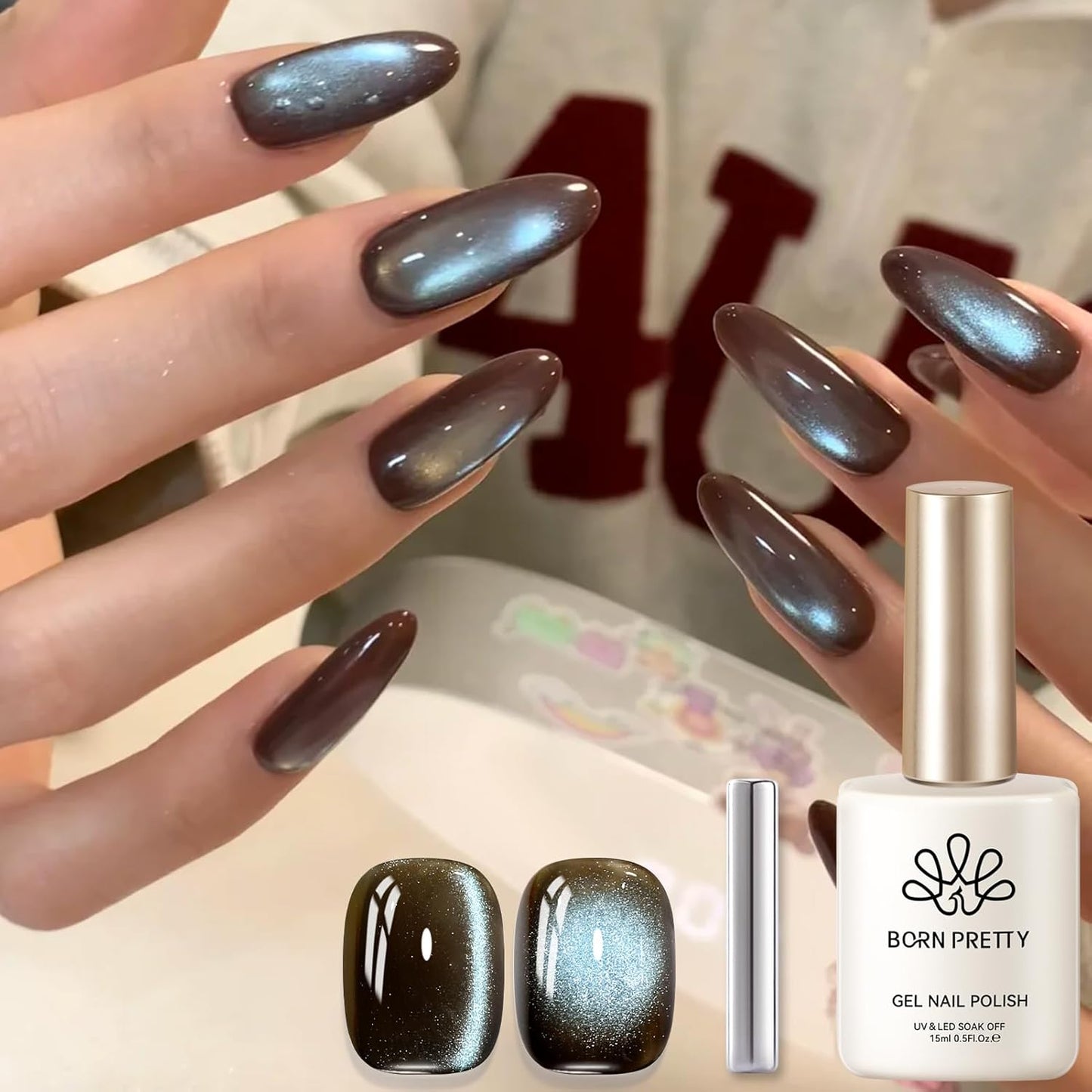 BORN PRETTY Cat Magnetic Eye Gel Nail Polish, Mint Chocolate Blue Glitter Cat Magnetic Gel Nail Polish Magnetic Nail Polish for Nail Art Manicure Salon DIY at Home 15ML-Velvo Beauty