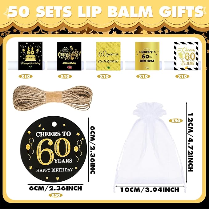 50 Sets 60th Birthday Favors Lip Balm Gifts Bulk Moisturizing Lip Balm with 50 Organza Drawstring Gift Bag 50 Tags 60th Birthday Party Supplies Gifts Bulk for Men and Woman-Velvo Beauty