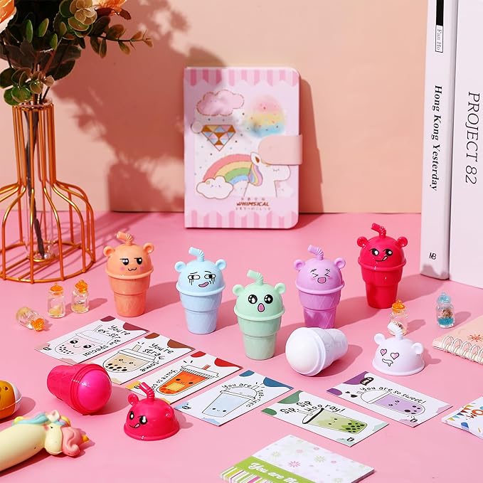 24 Sets Milk Tea Shaped Cute Lip Balm Fruit Flavored Lip Balm with Milk Tea Theme Gift Cards Milk Tea Boba Lover Birthday Baby Shower Party Inspirational Gifts Favors for Girls Kids Women-Velvo Beauty