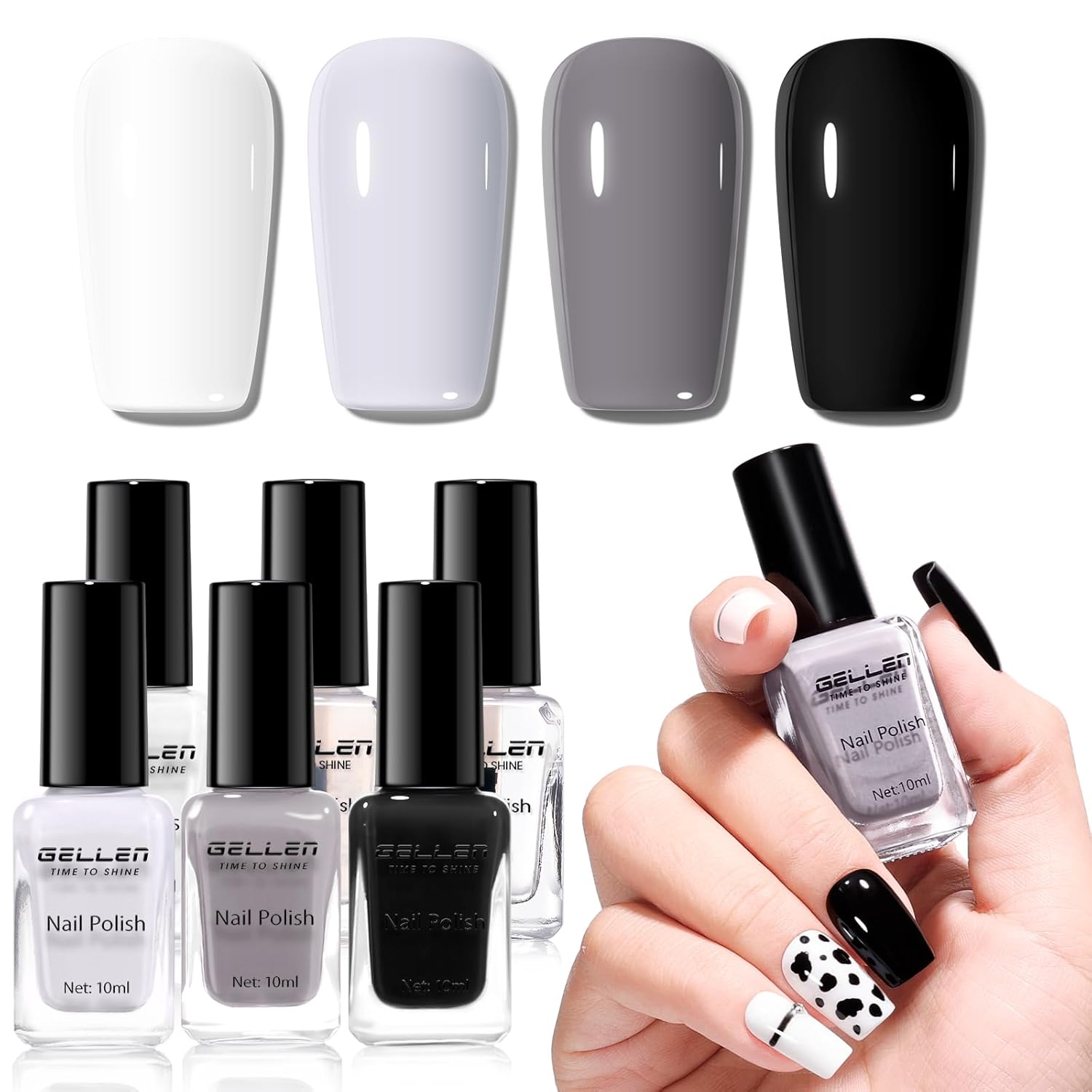 Gellen 4 Colors Black White Gray Nail Polish Set & Base Top Coat, Fall Winter Trendy Winter Black White Grey Regular Nail Polish Quick Air Dry Set for Women DIY Nails Home Salon, Hema Free, Toxin Free-Velvo Beauty