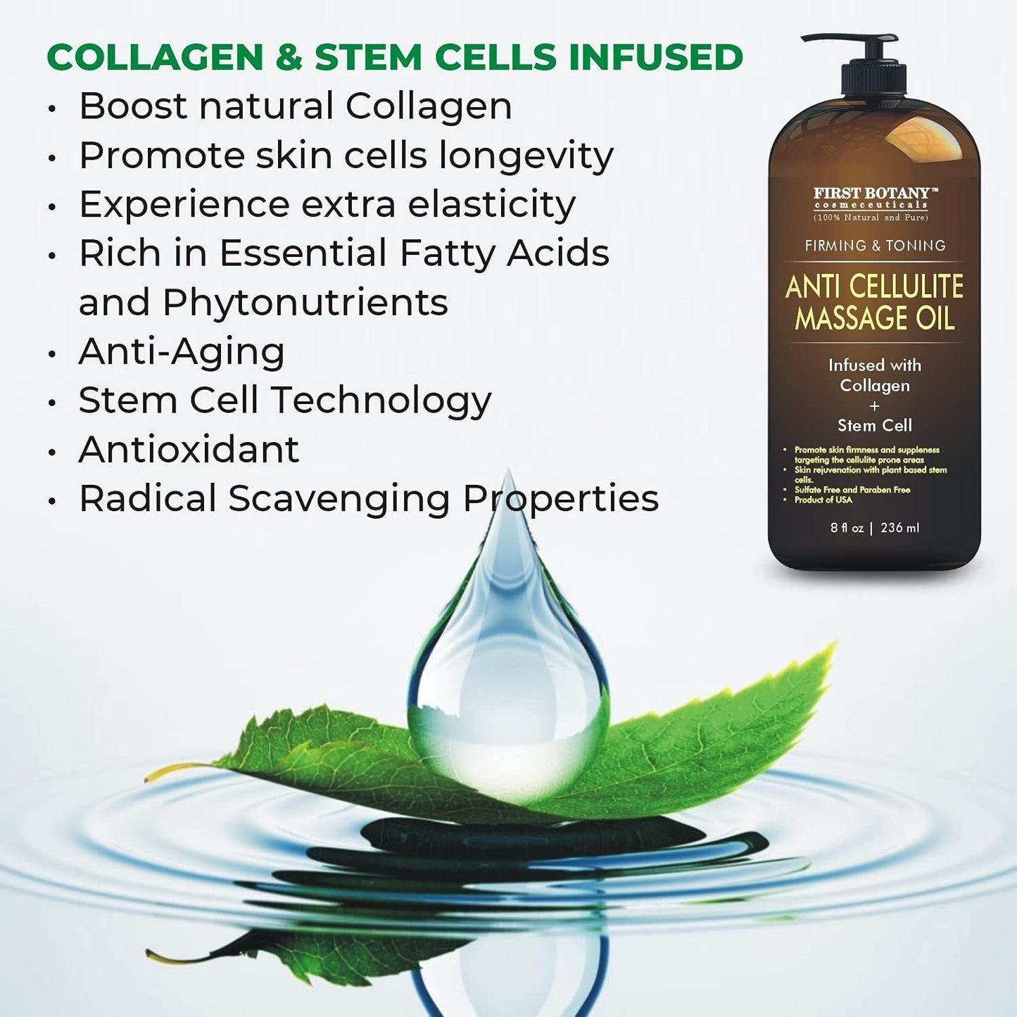 First Botany, Anti-Cellulite Massage Oil Infused with Collagen & Stem Cells - Natural Cellulite & Stretch Mark Treatment for Men & Women - 8 oz-Velvo Beauty