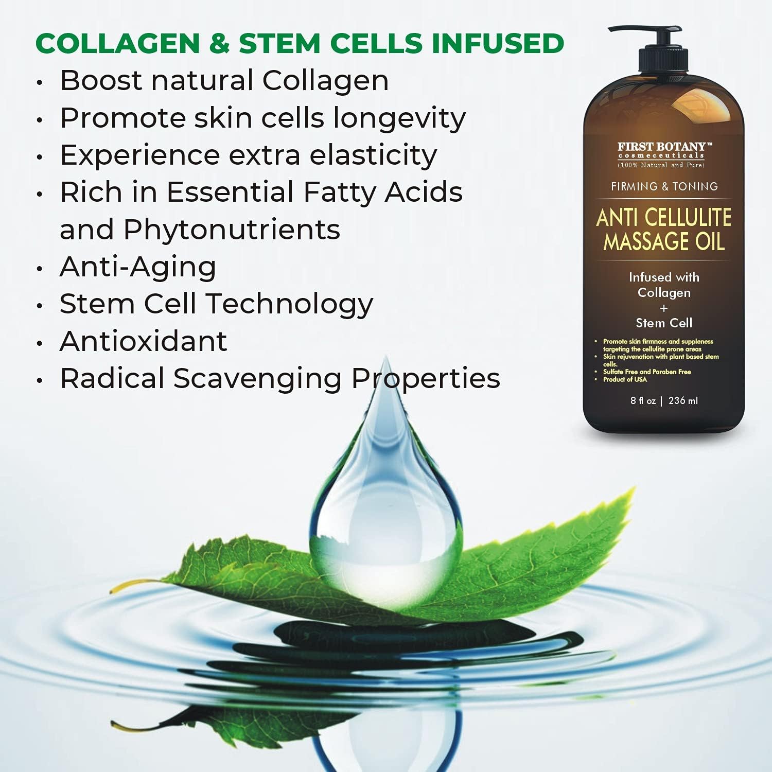 First Botany, Anti-Cellulite Massage Oil Infused with Collagen & Stem Cells - Natural Cellulite & Stretch Mark Treatment for Men & Women - 8 oz-Velvo Beauty