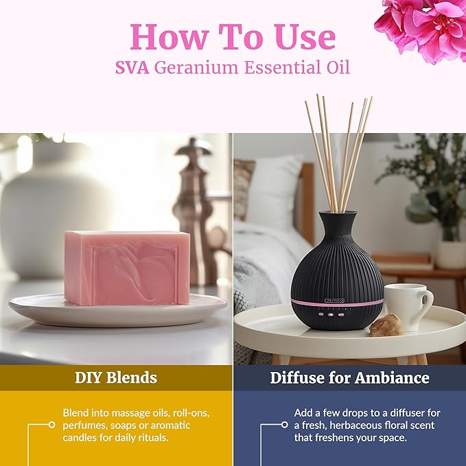SVA Geranium Essential Oil Organic – 1 Fl Oz – 100% Natural Organic Geranium Oil - for Diffuser, Hair Care, Face, Skin Care, Aromatherapy, Scalp and Body Massage, Soap and Candle making – with Dropper-Velvo Beauty