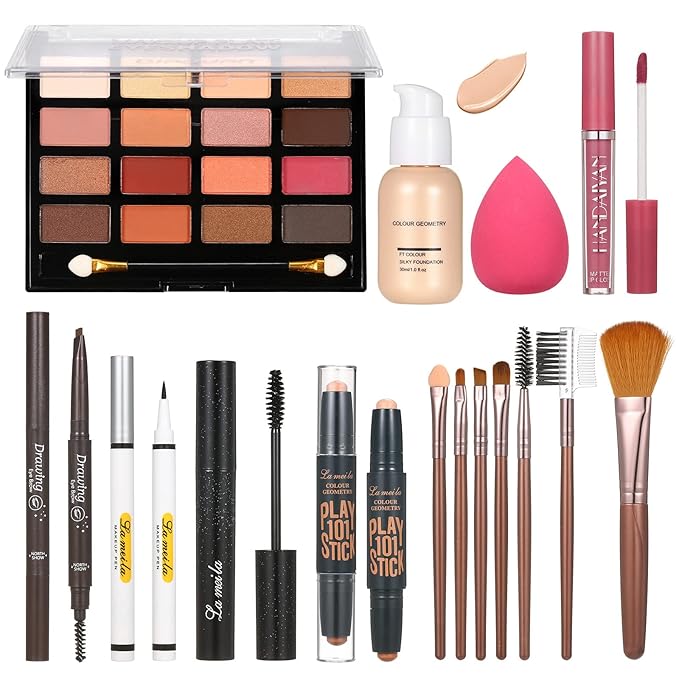 All in One Makeup Kit For Women Girls Teens Makeup set 16 Colors Eyeshadow Palette Foundation Eyeliner Contouring Stick Lip Gloss Eyebrow Mascara Makeup Brushes Makeup Gift Sets-Velvo Beauty