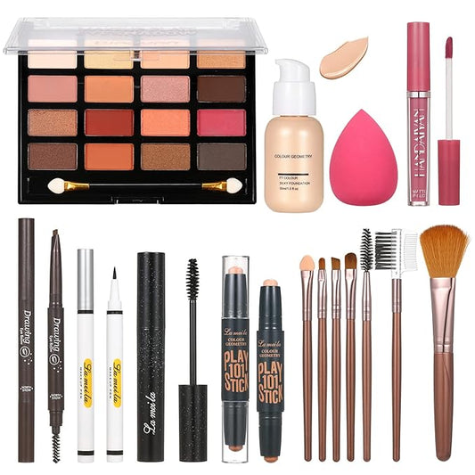 All in One Makeup Kit For Women Girls Teens Makeup set 16 Colors Eyeshadow Palette Foundation Eyeliner Contouring Stick Lip Gloss Eyebrow Mascara Makeup Brushes Makeup Gift Sets-Velvo Beauty