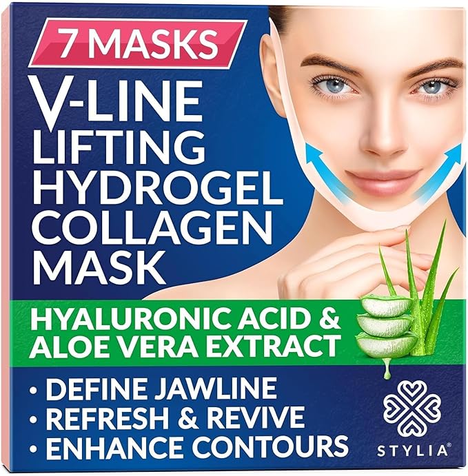 Stylia V Line Lifting Collagen Face Mask - Double Chin Strap for Women - Jawline Shaper Face Lift Tape - Neck Lift Collagen Mask - Chin Strap for Sleeping - Hyaluronic Acid, Aloe Vera, Cica 7P-Velvo Beauty