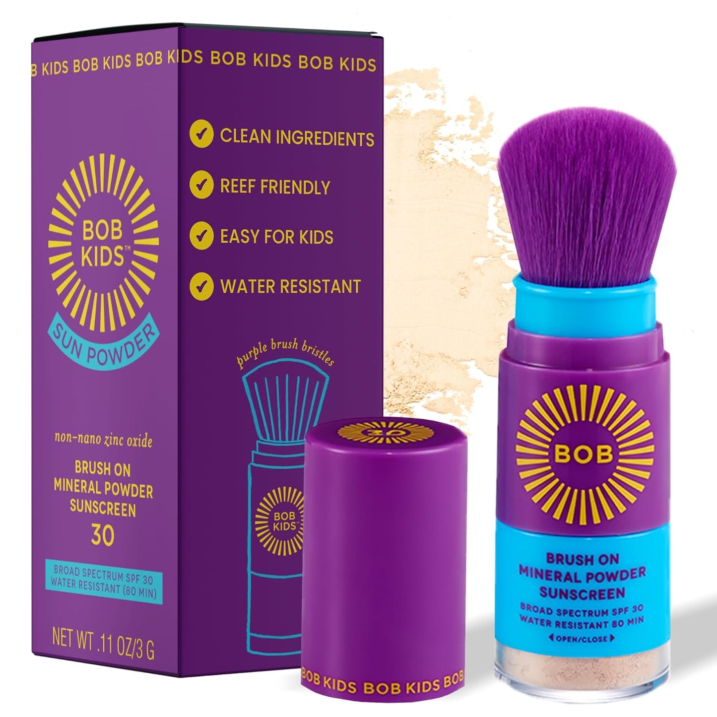 BOB KIDS SPF 30 Brush On Mineral Powder Sunscreen, Broad Spectrum Protection, Water Resistant 80 Mins, Fragrance Free, Easy to Apply for Kids & Babies, Mfg in USA-Velvo Beauty