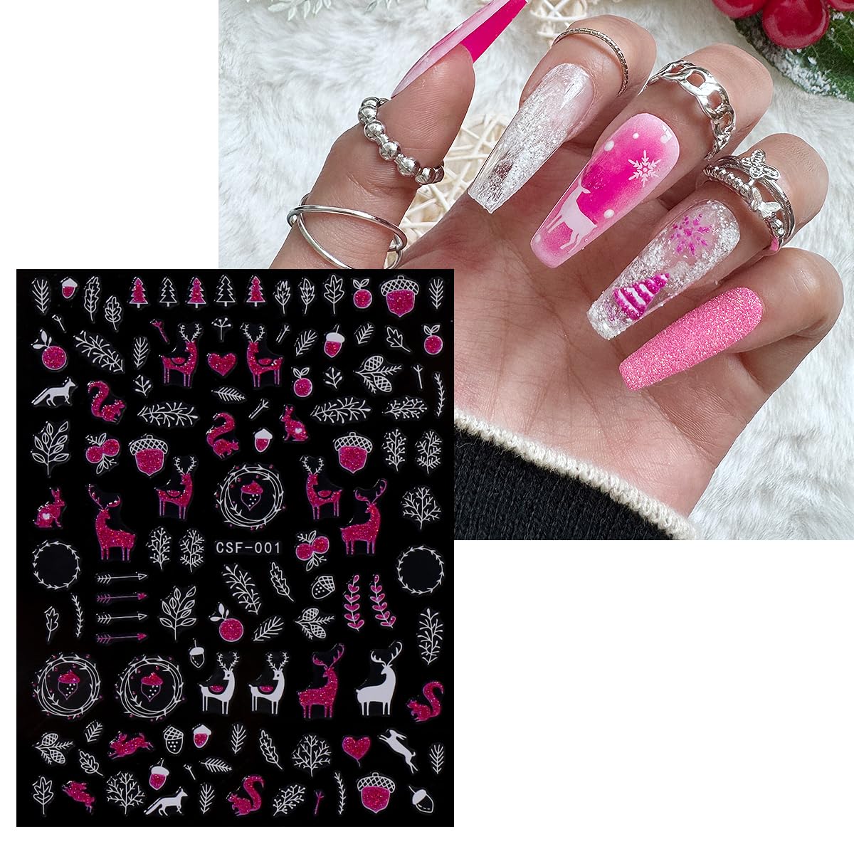 JMEOWIO 9 Sheets Christmas Pink Glitter Nail Art Stickers Decals Self-Adhesive Snowflake Winter Holiday Nail Supplies Nail Art Design Decoration Accessories-Velvo Beauty