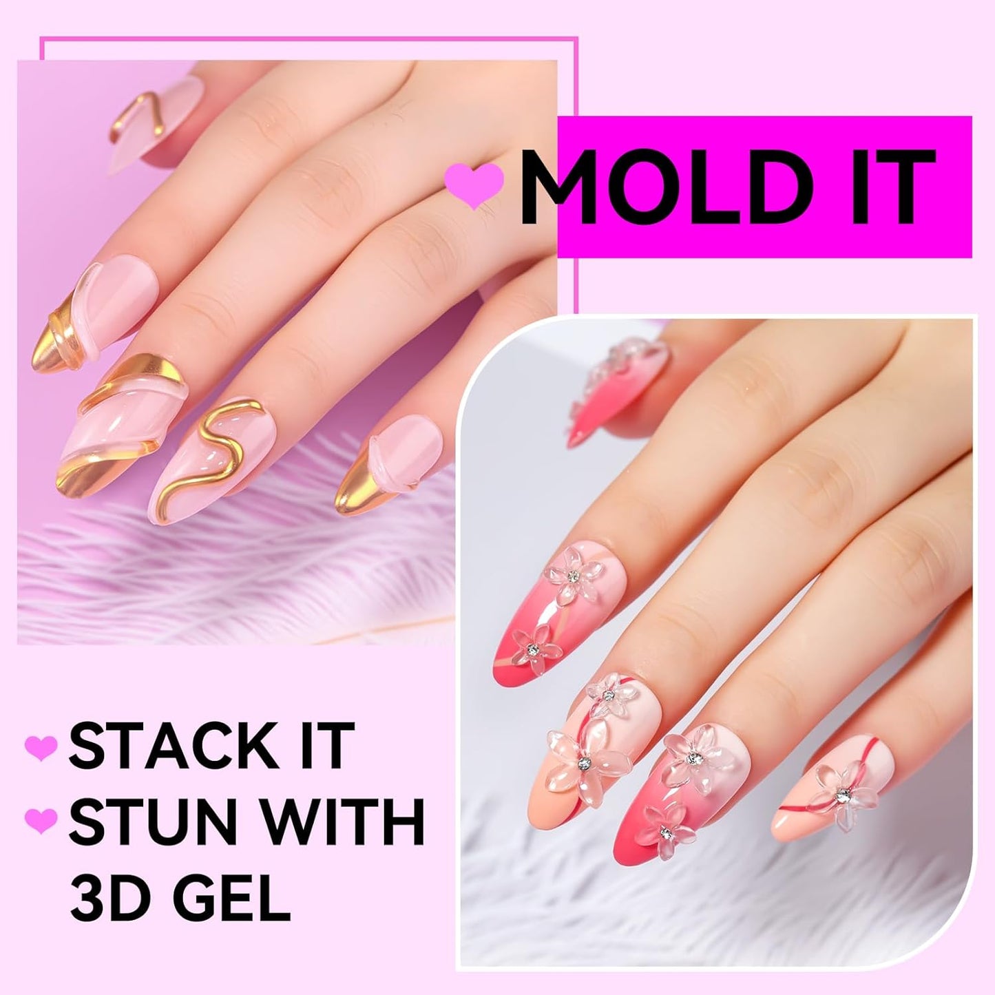 Makartt 3D Gel Nail Art: 4 in 1 Solid Gel Builder Kit for 15ML Nail Extension Gels, 4pcs Silicone Molds, 1 Sculpting Brush, UV Glue for Acrylic Nails Rhinestones Gels Molding Manicure Hard Gel Kit-Velvo Beauty