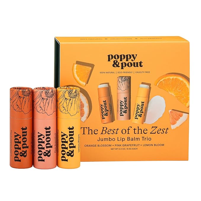 Jumbo Lip Balm Gift Set (3-Pack, Citrus Flavors) | Poppy & Pout All Natural Lip Balms & Moisturizers | Hydrates with Beeswax, Vitamin E, Organic Coconut Oil | Cruelty-Free | Recyclable Cardboard Tube-Velvo Beauty