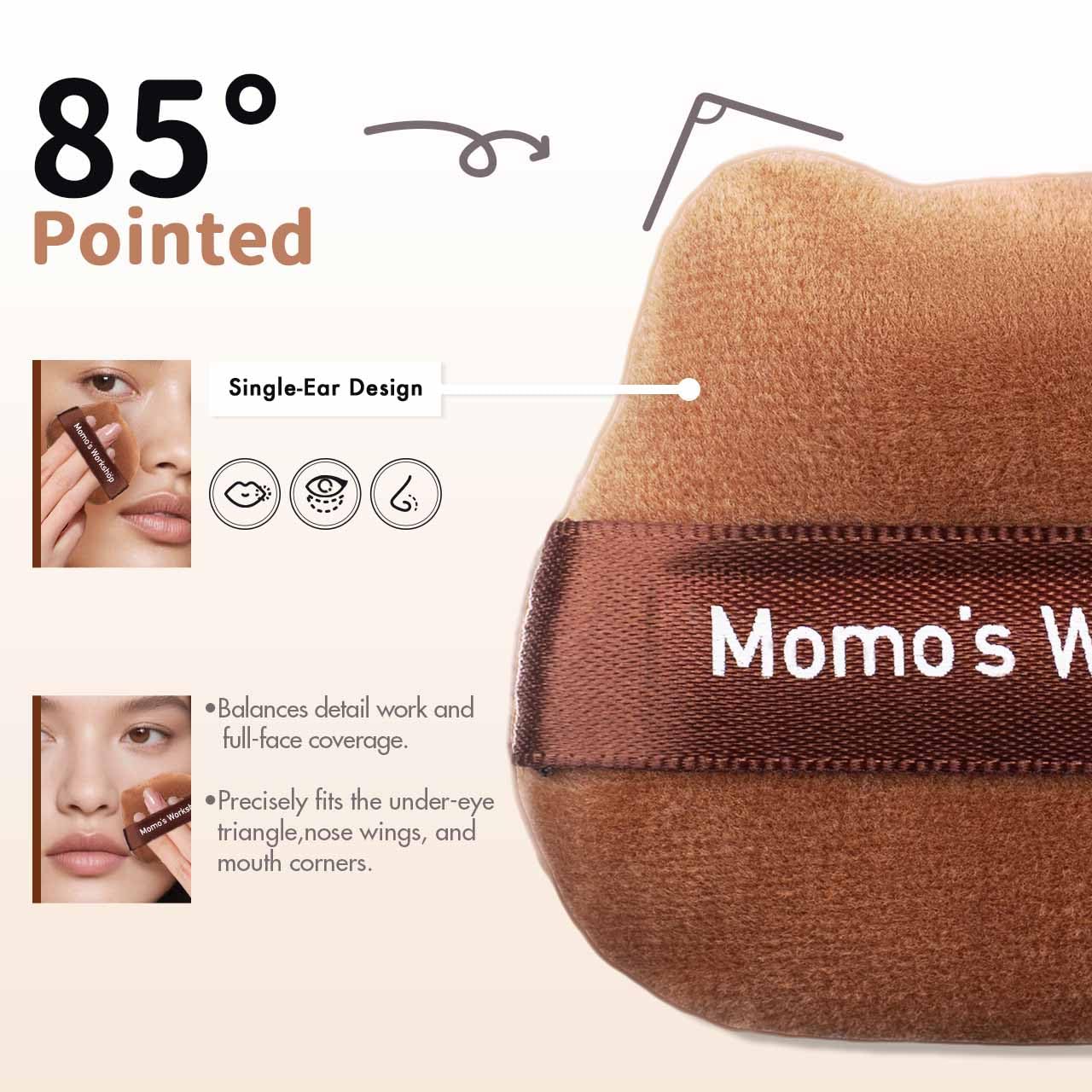 Single-Ear Short Plush Puff,Brown Velvet Powder Puff, 85° Pointed Tip for Highlighting & Full-Face Setting,3pcs Plush Puffs & Storage Case-Velvo Beauty