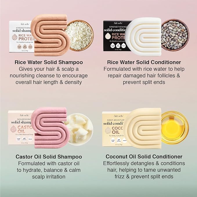 Kitsch Shampoo and Conditioner Set - 4pc Sampler Bars with Rice Water Shampoo and Conditioner, Castor Oil Shampoo & Coconut Oil Conditioner - Bottle-Free Beauty for Hair Growth, Repair & Moisture-Velvo Beauty