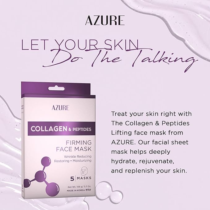 AZURE Collagen & Peptides Lifting Sheet Facial Mask - Restoring, Smoothing & Moisturizing Face Mask - Helps Reduce Fine Lines & Wrinkles, Smooths & Repairs - Skin Care Made in Korea - 10 Pack-Velvo Beauty