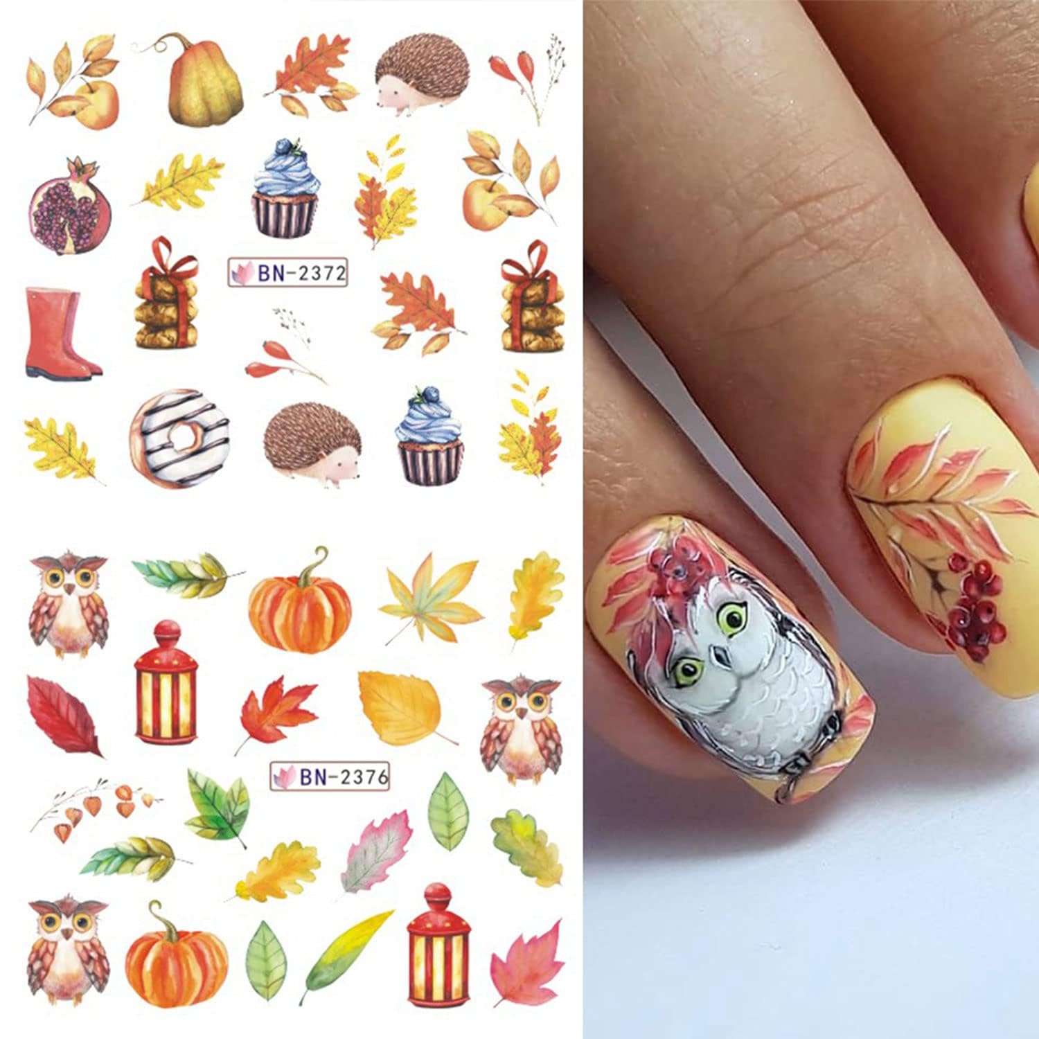 Maple Leaf Nail Art Stickers Fall Nails Water Transfer Slider Foils Autumn Nail Decorations, Harvest Pumpkin Pinecone Maple Leaves Pattern Acrylic Nail Sticker for Thanksgiving Nail Art Supplies 12Pcs-Velvo Beauty