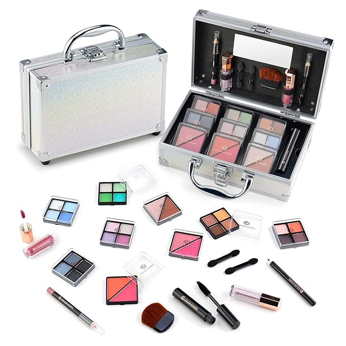 Color Nymph Beginner Makeup Kits For Teens With Train Case Included Full Makeup Kit Eyeshadow Palette Blushes Bronzer Highlighter Lipstick Brushes Mirror (White)-Velvo Beauty