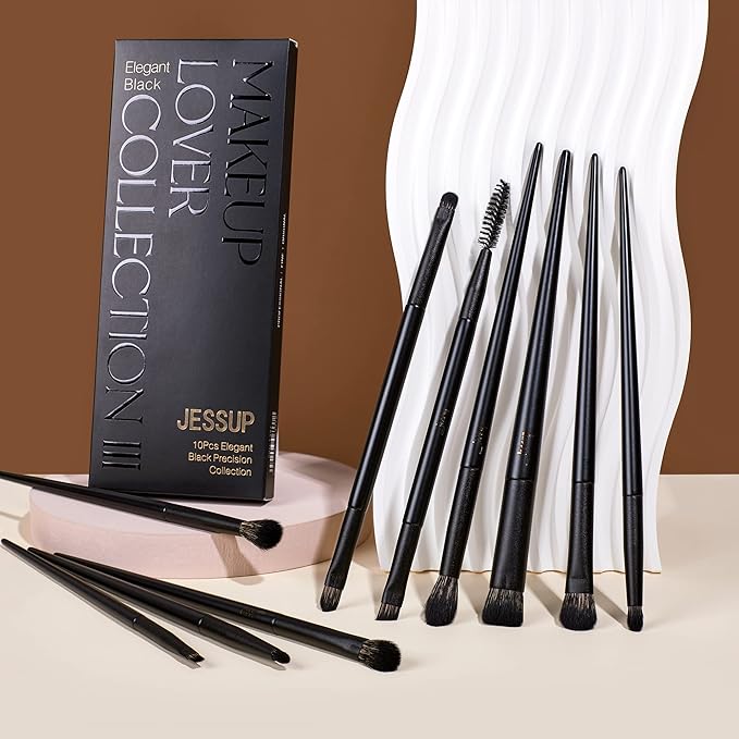 Jessup Eyeshadow Brush Set, 10Pcs Eye Makeup Brushes Professional for Blending Eye Shadow Liner Crease, Duo-end Brow Brush, Elegant Black T337-Velvo Beauty