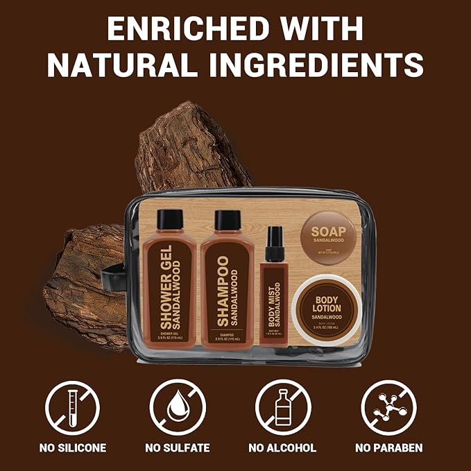 Gift Sets for Men Bath and Body Mens Gifts 6pcs Sandalwood Travel Size sets with Shampoo, Shower Gel, Soap, Body Lotion, Birthday Gifts for Men, Self Care Fathers Day Gifts-Velvo Beauty