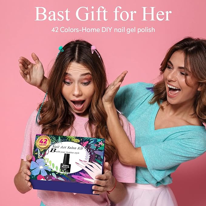 JEWHITENY 45PCS Gel Nail Polish Kit, 42 Colors 5ML Gel Polish Nude Gray Pink Blue Soak Off Glitter Nail Art Starter Kit Beauty Gifts Set for Women Girls Valentines Mother's Day Gift-Velvo Beauty