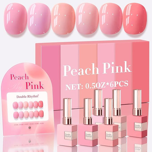 Double Rhythm 6 Pcs 15 ML Gel Polish Set Same Color Same Bottle Soak Off Gel Polish Kit Nail Art Manicure Salon DIY at Home for Women (Light Pale Peach Pink Orange Rose-T6-19)-Velvo Beauty
