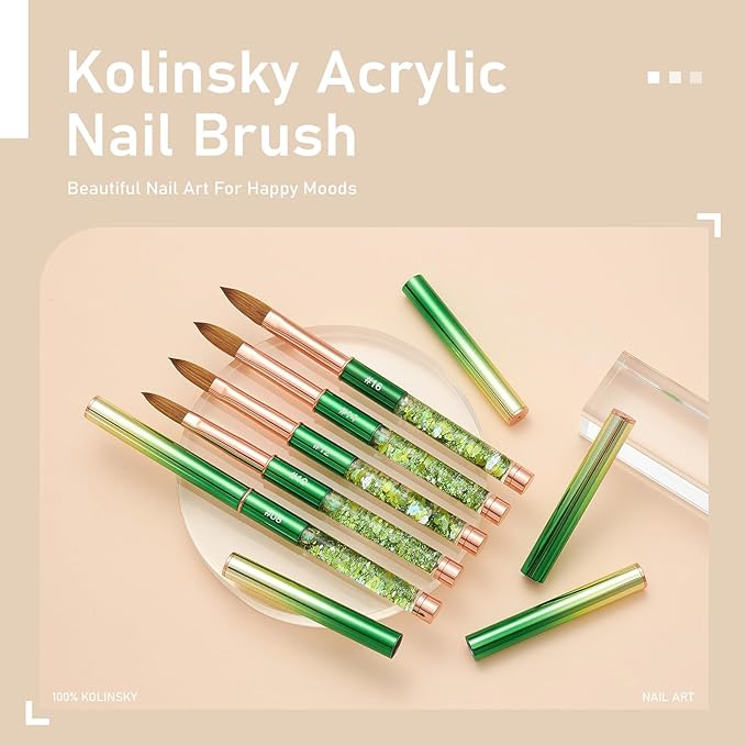 Acrylic Nail Brush Size #12, KEMEISI 100% Pure Kolinsky Nail Art Brushes Sturdy Handle Oval Shaped Acrylic Powder Nail Design Tools for Professional Manicure DIY Home Salon (Green)-Velvo Beauty