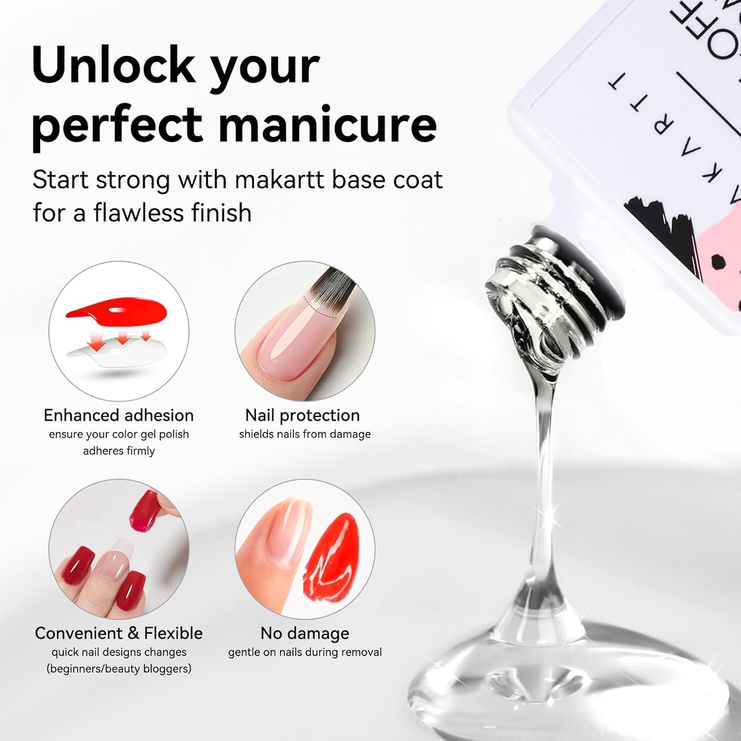 Makartt 15ml No Wipe Gel Top Coat and Peel Off Base Coat Set - 2Pcs Shine Finish Long Lasting No Filing Soak Off Clear Top Base Gel, UV LED Nail Lamp Required, for Women Nail Art DIY-Velvo Beauty