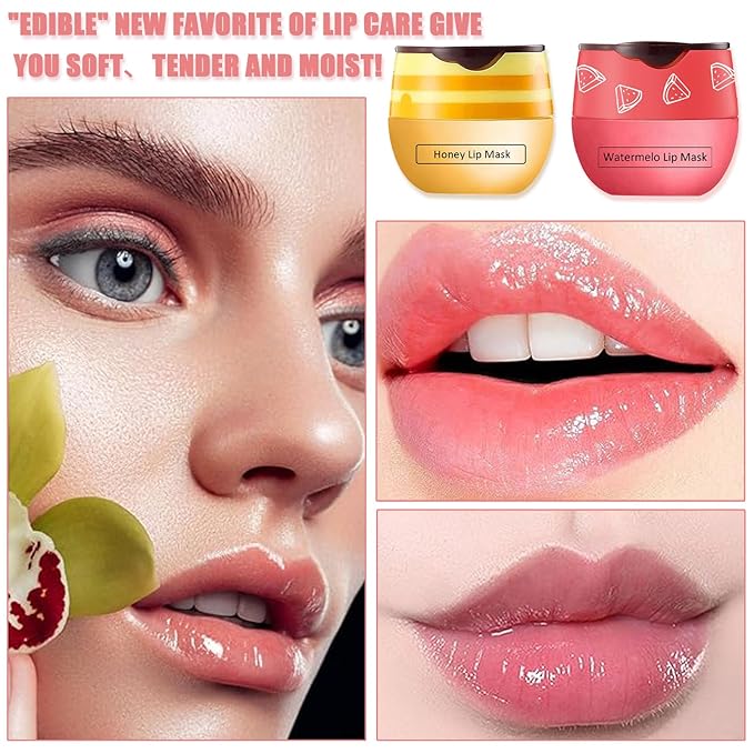 2 PCS Bee Lip Balm Honey Pot,Watermelon&Strawberry Lip Sleeping Mask Hydrating Prevention Dry and Cracked Lip Scrubs Exfoliator Lip Care,Lip Mask Overnight Reduces Lip Lines-Velvo Beauty