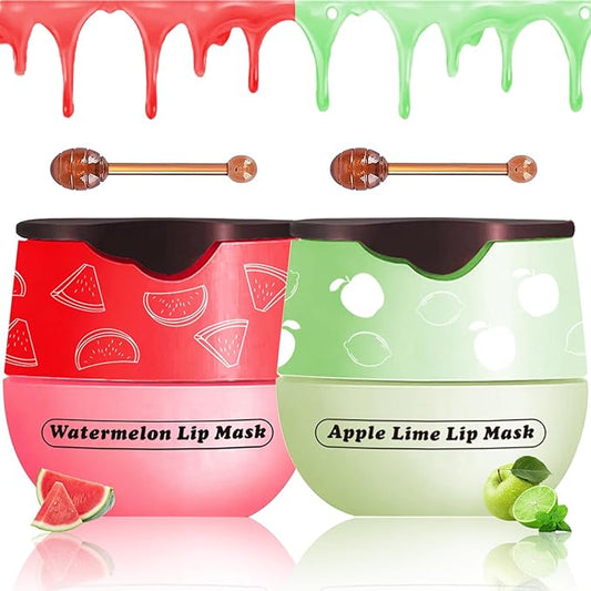 2 PCS Lip Balm Honey Pot, Apple Lime & Watermelem Lip Mask Vitamin E & Moisturizing Propolis Sleeping Lip Mask Prevention Dry and Cracked Lip Scrubs Exfoliator, Christmas Gifts-Velvo Beauty
