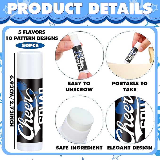 50 Sets Cheer Gifts Bulk 50 Cheer Lip Balm Bulk Moisturizing with 50 Organza Drawstring Gift Bags 50 Tags Cheerleader Gifts Cheer Gifts Bulk for Team (Blue)-Velvo Beauty