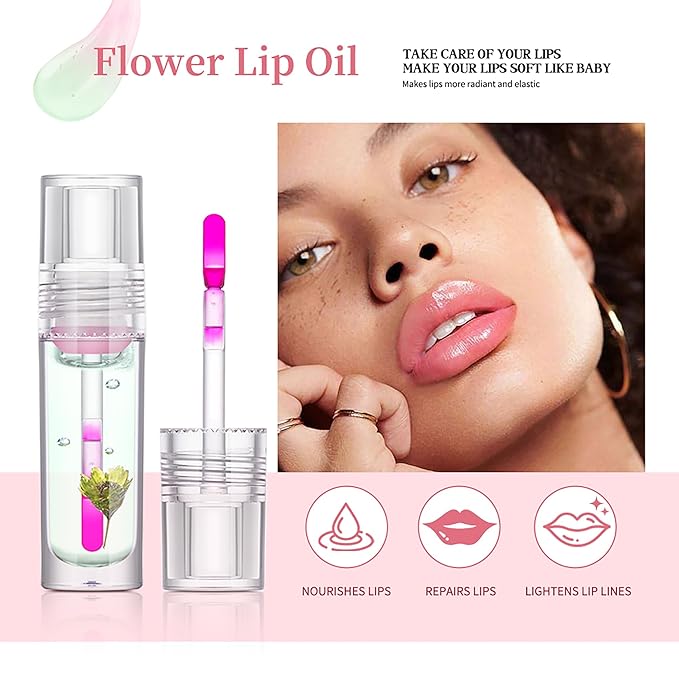 Flower Lip Oil, Hydrating Lip Glow Oil, Plumping Lip Oil, Non-Sticky Long Lasting Lip Oil Gloss, Transparent Lip Oil Tinted, Lip Plumper Gloss, Moisturize your lips and Reduce lip lines (05)-Velvo Beauty