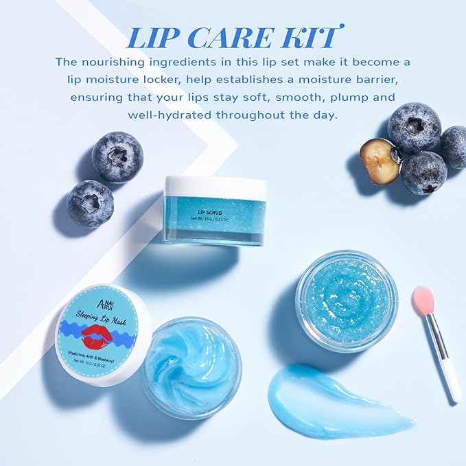 ANAI RUI Lip Therapy Set, Lip Scrub & Lip Mask, Overnight Moisturizing Lip Care Kit, Suagr Lip Exfoliator and Lip Sleeping Mask for A Soft Lips, Lip Gift Set for Dry, Chapped, Dark Lips, Blueberry-Velvo Beauty