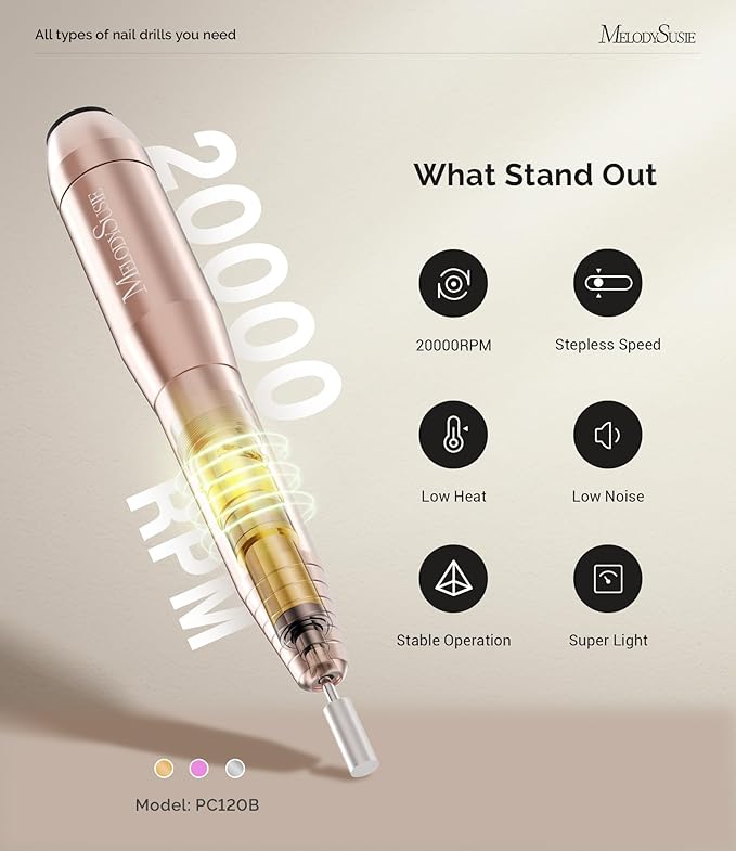 MelodySusie Portable Electric Nail Drill,PC120B Compact Efile Electrical Professional Nail File Kit for Acrylic, Gel Nails, Manicure Pedicure Polishing Shape Tools Design for Home Salon Use, Gold-Velvo Beauty