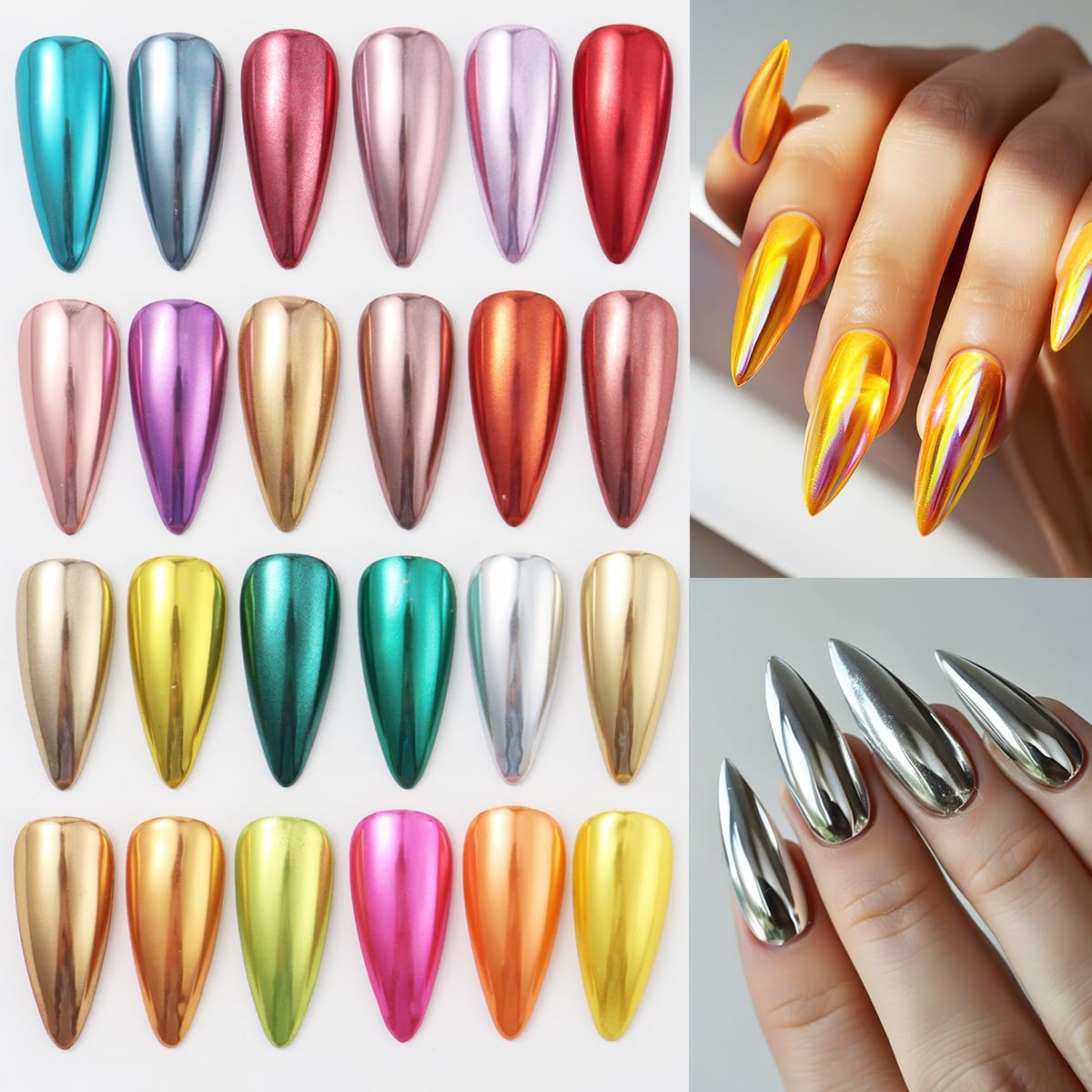 24Pcs Chrome Nail Powder Set - Metallic Mirror Effect Holographic Iridescent Aurora Mermaid Nail Powder Pigment Silver Red Green Gold Nail Chrome Powder for Nails Art Decoration(24 Eye Shadow Sticks)-Velvo Beauty