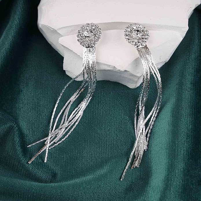 Vintage Crystal Chandelier Dangle Earrings Rhinestone Tassel Chain Earrings Wedding Chandelier Earrings Silver Full Cz Chain Earrings Jewelry for Women-Velvo Beauty