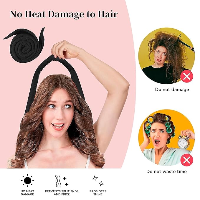 Heatless Curling Rod Headband, Upgraded 60" Extra Long Heatless Curls Headband Soft Hair Curlers to Sleep In Hair Rollers No Heat Curls (Deep Black)-Velvo Beauty