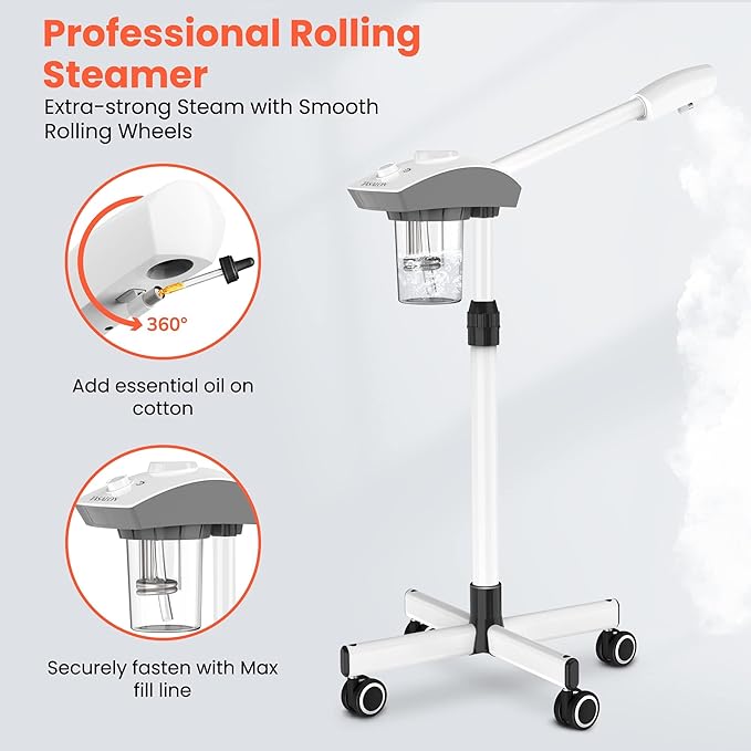 TASALON Professional Facial Steamer Machine on Wheels, Standing Esthetician Steamer with Hot Ozone Mist, Facial Be Used for Skin Rejuvenation, Steamer for Facial Used for Spa or Personal Care, White-Velvo Beauty