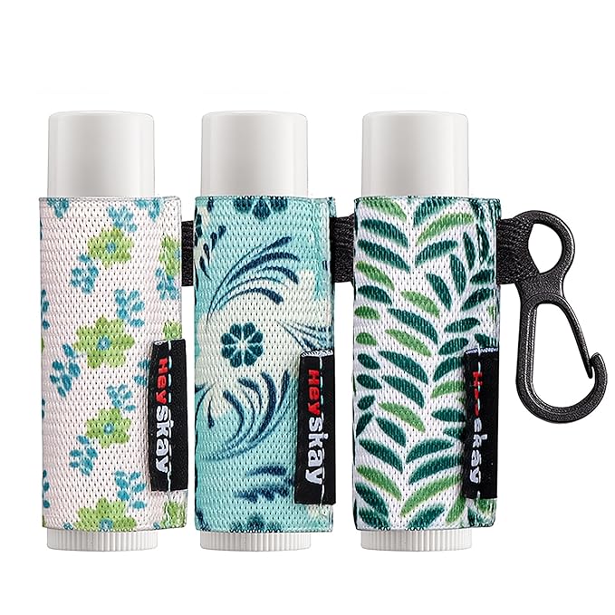 3PCS Lip Balm Holder Lip Gloss Sleeves Keychain Lipstick Holder Keychain Chapstick Elastic Sleeves Bulk(Green Print Flower X3)-Velvo Beauty