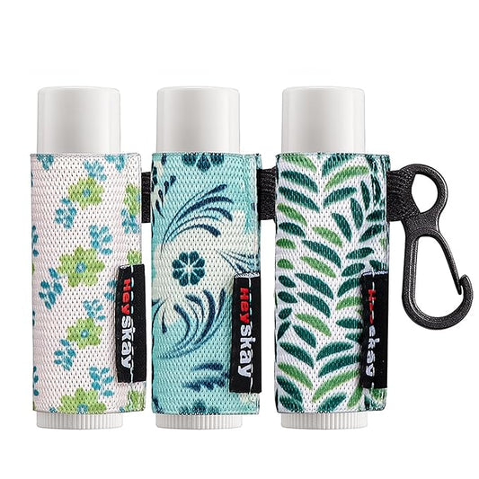 3PCS Lip Balm Holder Lip Gloss Sleeves Keychain Lipstick Holder Keychain Chapstick Elastic Sleeves Bulk(Green Print Flower X3)-Velvo Beauty