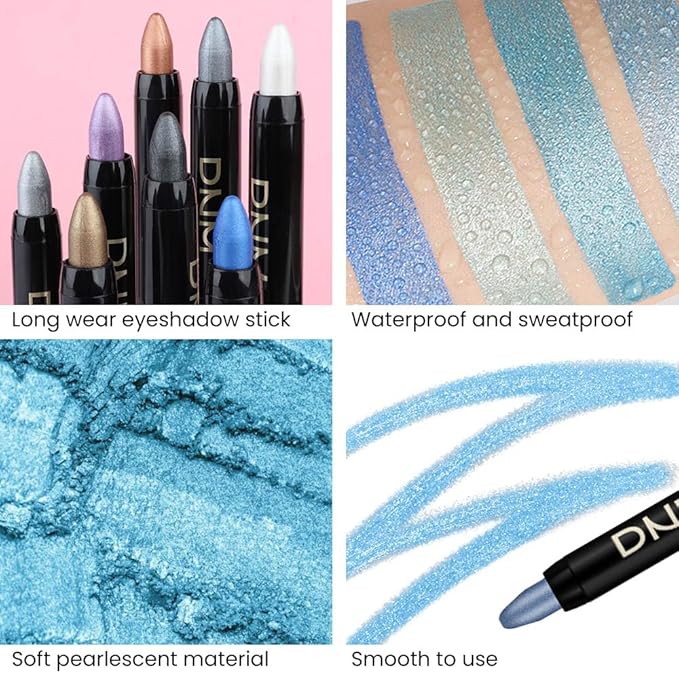 Kaely 4Pcs Metallic Shimmer Eye Shadow Sticks Set, Sky Blue Dazzling Blue Greenish Cyan Royal Blue, Eyeliner Pencil Eyeshadow Palette Halloween Makeup, Eye Highlighter Brightener Stick for Women-Velvo Beauty