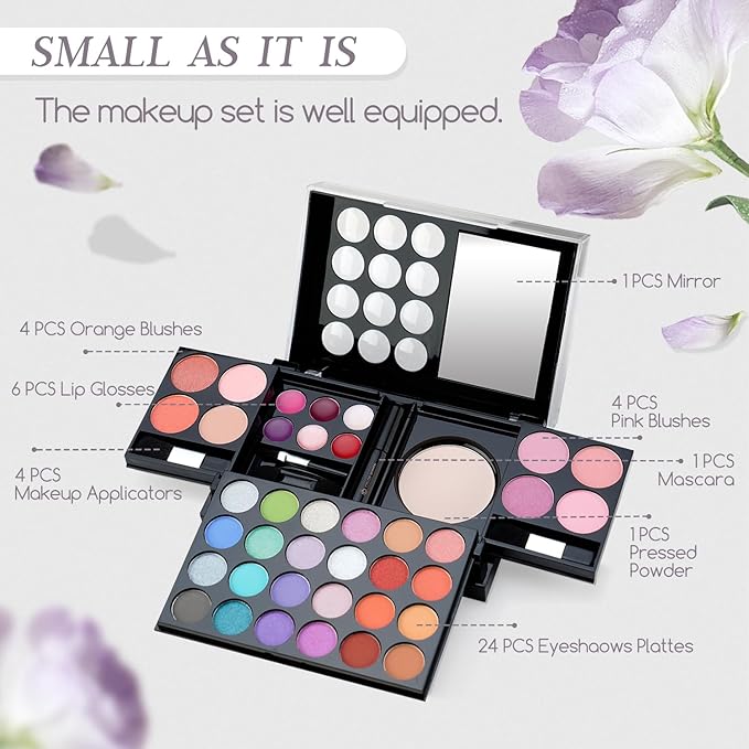Color Nymph All In One Makeup Palette Set Kit,Portable Travel Makeup Kit for Girls with 24-Colors Eyeshadows Facial Blusher Lip Gloss Pressed Powder Mascara Brushes Mirror-Velvo Beauty