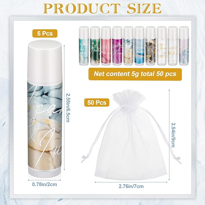 50 Sets Inspirational Lip Balm Gifts Moisturizing Lip Balm Bulk Thank You Lipstick for Guest 5 Flavors Marble Style Lip Balm with Organza Bags for Family Reunion Favor Women Stocking Gift Stuffers-Velvo Beauty