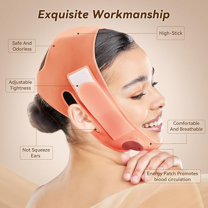 JUSRON V-Line Mask Chin Up Mask Face Strap, Soft Silicone Chin Strap V Shaped Face Mask, Jaw Exerciser 23-27 Inches (Fluorescent Pink)-Velvo Beauty