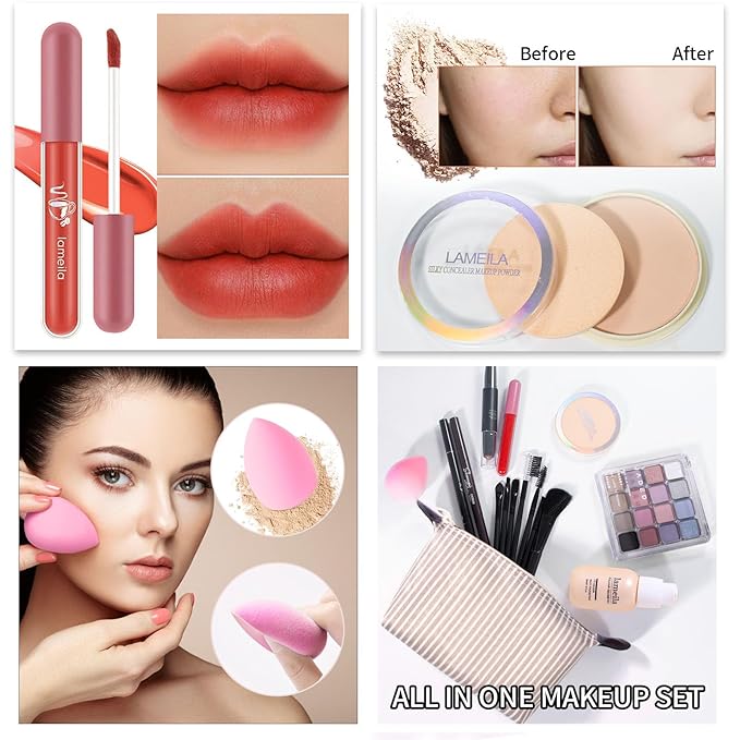 Makeup Set Full Kit for Girls Teens Women, Makeup Present Set, Includes Eyeshadow, Foundation, Blusher, Eyebrow Pencil, Mascara, Eyeliner, Brushes, Lip Gloss, Sponge, Cosmetic Bag-Velvo Beauty