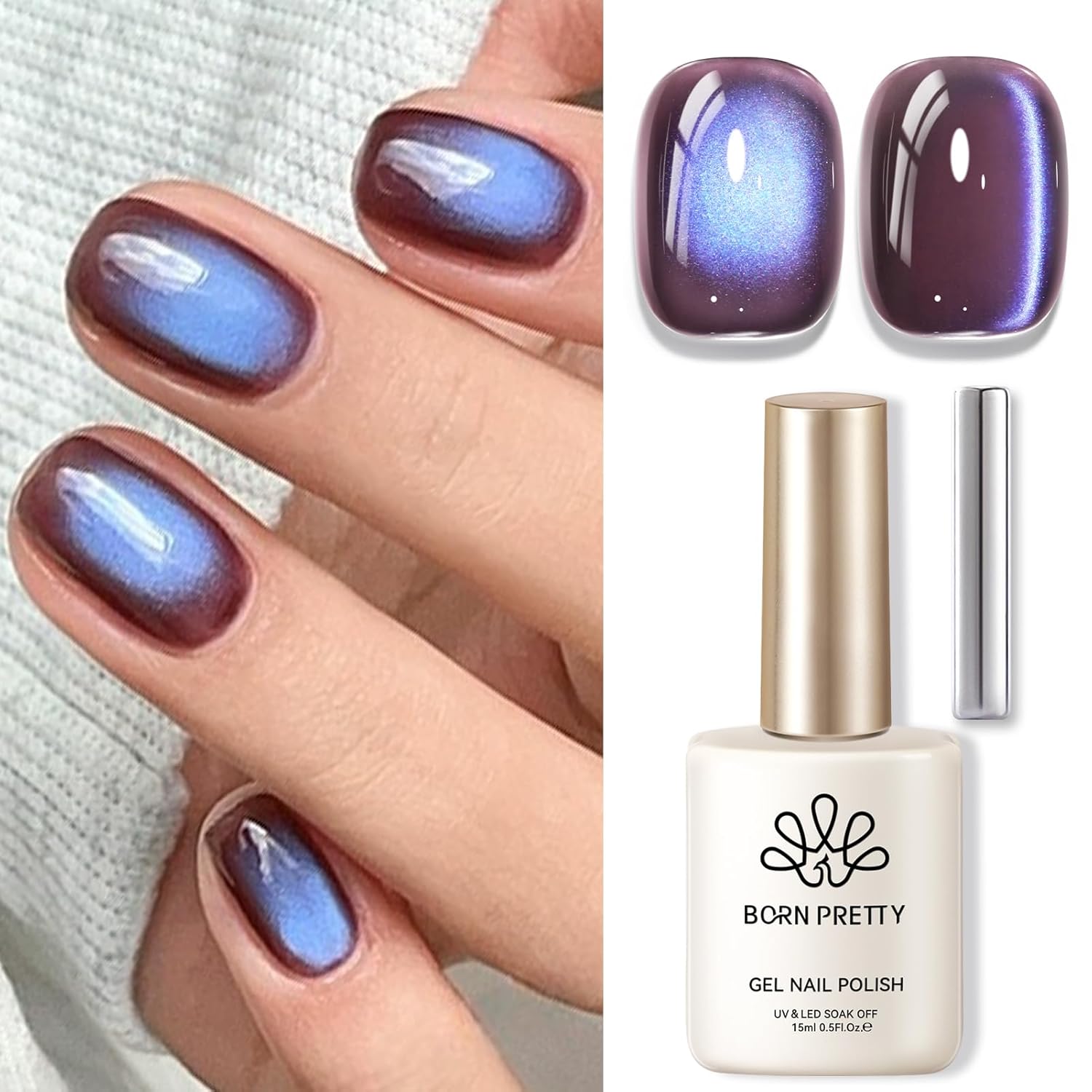BORN PRETTY Cat Magnetic Eye Gel Nail Polish,Indigo Eggplant Glitter Cat Magnetic Gel Nail Polish Magnetic Nail Polish for Nail Art Manicure Salon DIY at Home 15ML-Velvo Beauty