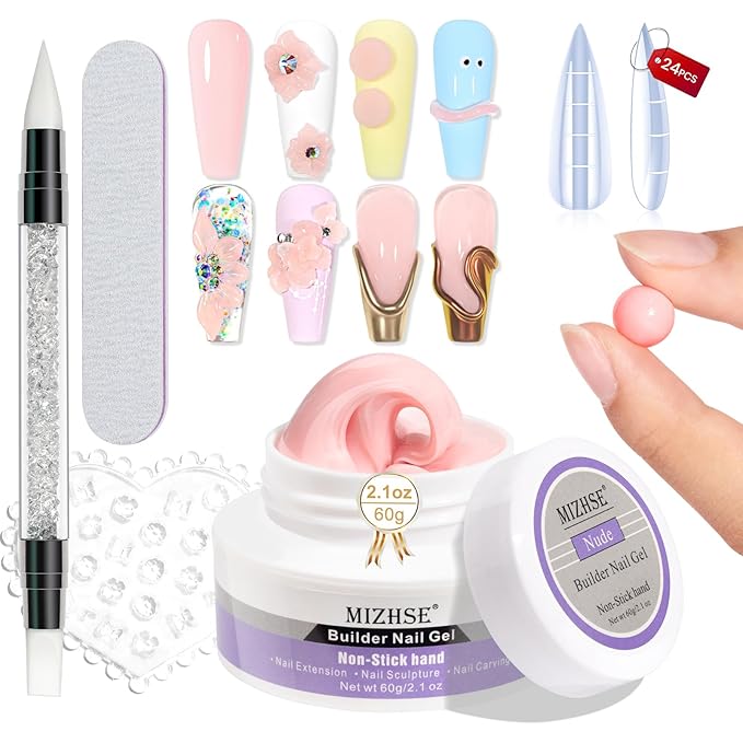 MIZHSE Solid Nail Builder Gel, 2.1 oz 60g Nude Builder Gels for Nails Non-Sticky Solid Builder Gel for Extensions Hard Gels with 24pcs Dual Forms and Silicone Pen Nails Art Manicure Set-Velvo Beauty