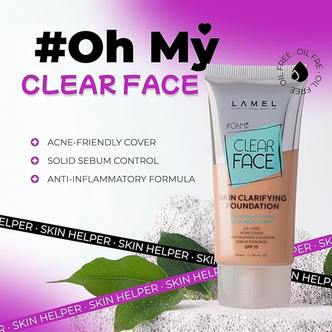 Lamel- Oh my Clear Face Foundation-406 Sand | Contains tea tree extract and salicylic acid |Controls sebum production |Anti-blemish formula |Oil free foundation | 40ml-Velvo Beauty