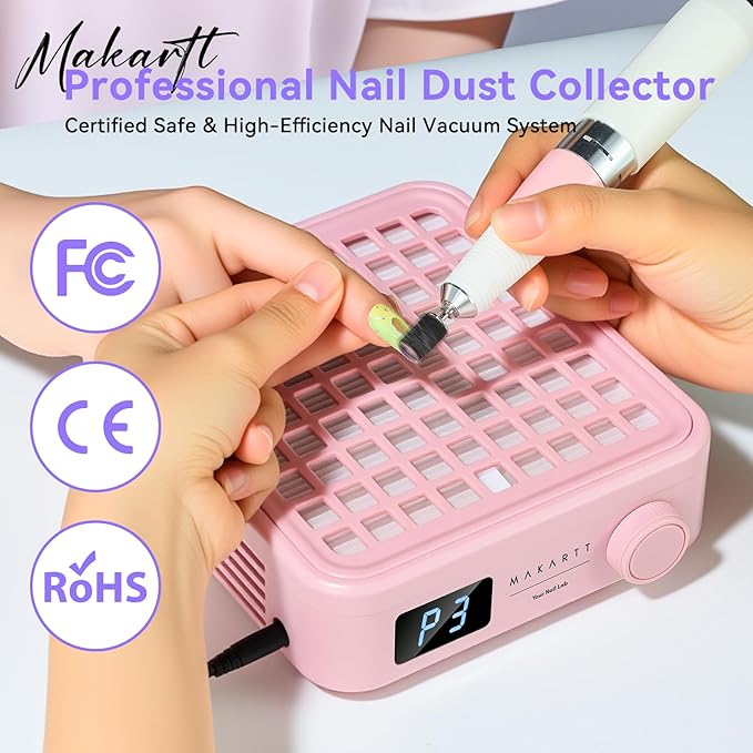 Makartt Professional Nail Dust Collector – Powerful Dust Collector Nail Tech Quite Suction Machine for Acrylic Nails Manicure & Pedicure Salon & Home Use Includes 10pcs Filters & Dust Brush Pink-Velvo Beauty