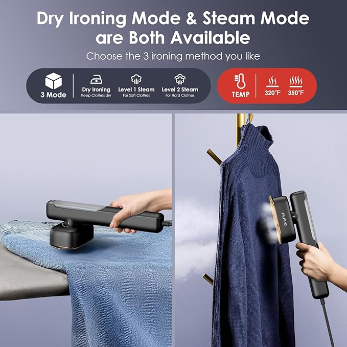 FEPPO Travel Steamer for Clothes, 110-240V Dual Voltage Portable Mini Steamer & Iron 2in1, 1100W Powerful Garment Steamer, Fast Heat Up, Travel Size, HD Display, for Home & Global & Europe Travel-Velvo Beauty