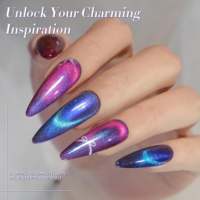 Born Pretty Magnetic Gel Nail Polish Set,Purple Blue Cat Magnetic Eye Gel Jelly Glass Crystal Magnetic Gel Polish Nail Art Manicure Kit 6PCS-Velvo Beauty